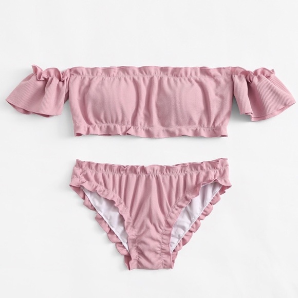 WILA Other - Pink Ribbed Ruffle Off Shoulder Cheeky Bikini